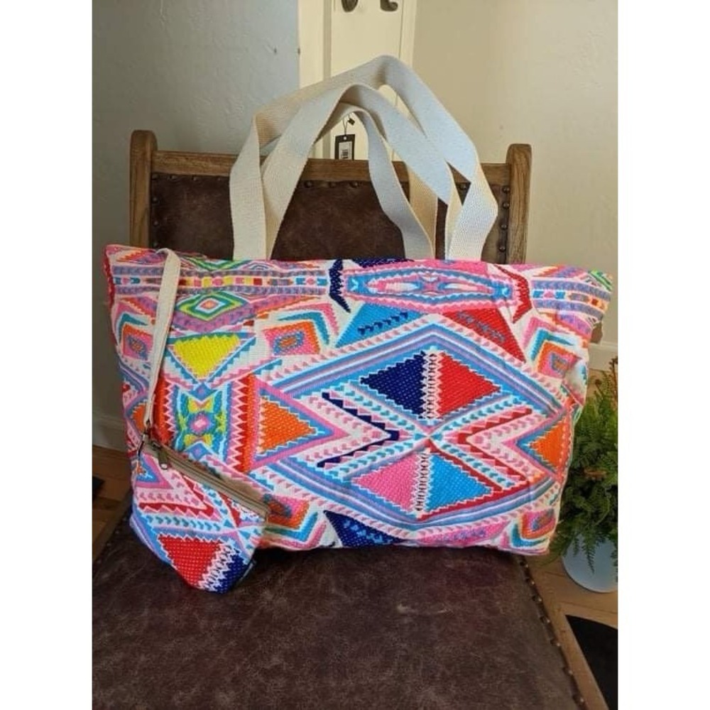 Vintage Addiction Multicolor Neon Embroidered Geometric Tote Bag with Coin Purse